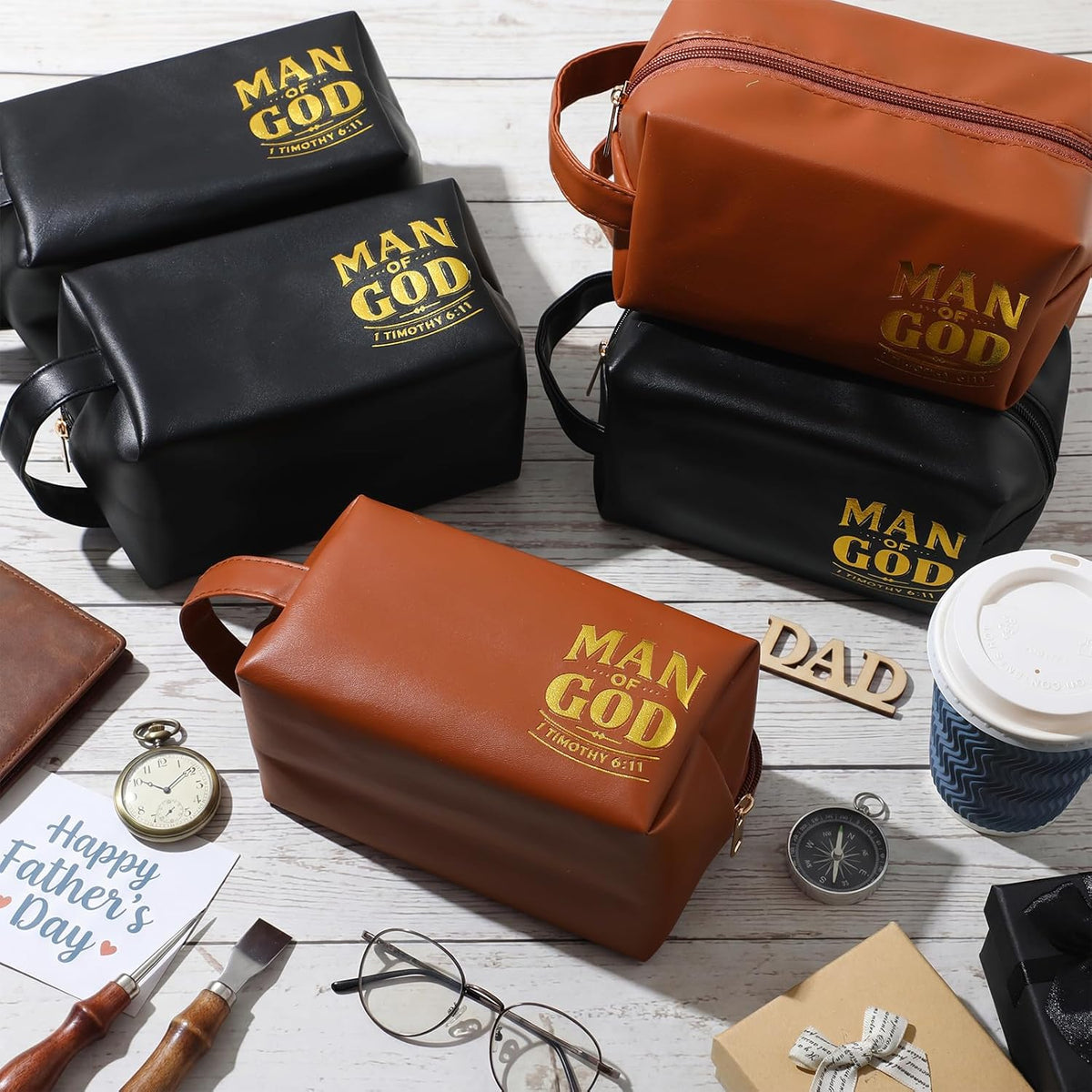 Skylety 6 Pcs Christian Father' Day Gift Bulk, Man of God Toiletry Bag Religious Travel PU Leather Toiletry Bags for Men Church Ministry Dad Boyfriend Husband Appreciation Gifts (3 Black 3 Brown)