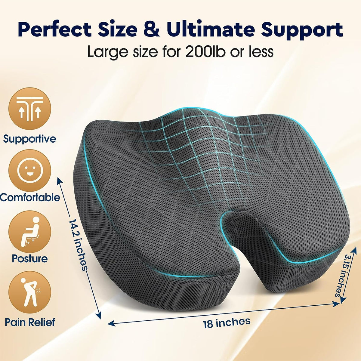 TushGuard Seat Cushion, Memory Foam Office Chair Cushion - Grey, Large