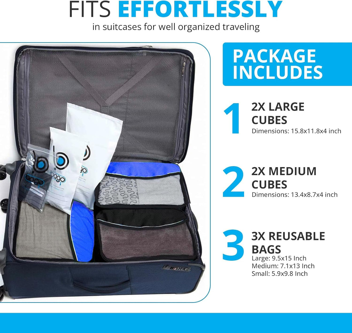 bago 7 Pcs Packing Cubes for Travel - 4 Travel Packing Cubes for Suitcases with 3 ZipLock Bags - Luggage Organizer Bags to Get Maximum Storage, Save Time & Effort to Pack (Green Red PurpleYellow)