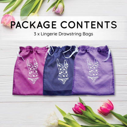 Lingerie Bag for Travel Set of 3, Women Lingerie Storage Bags with Drawstrings, Double-Layered Polyester Beach Bags for Swimwear, Underwear & Storage, 15x15 Inches (Green-Gray-Teal)