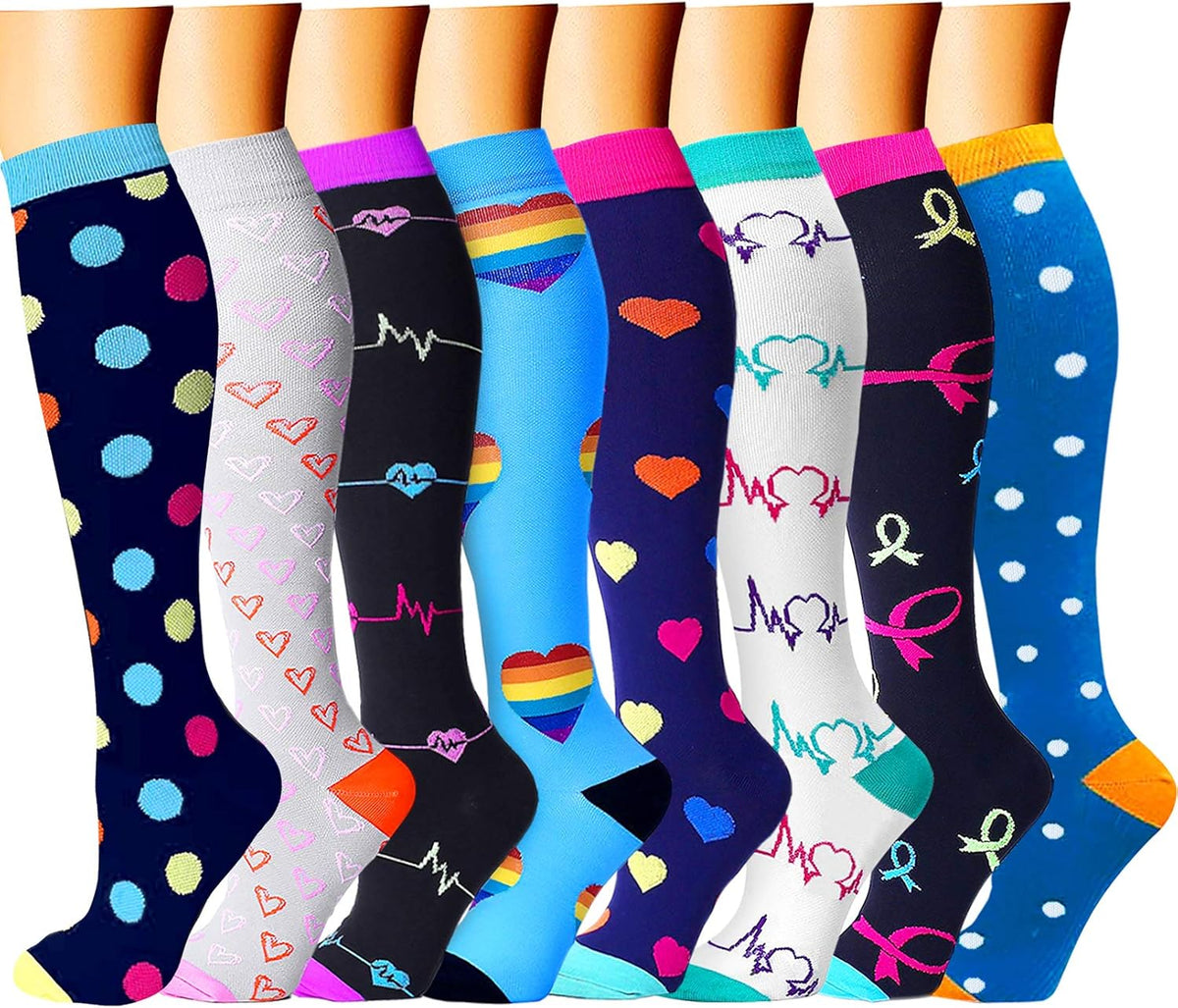 CHARMKING Compression Socks for Women & Men Circulation (8 Pairs) 15-20 mmHg Best Calf Socks Support for Athletic Cycling - Colors A