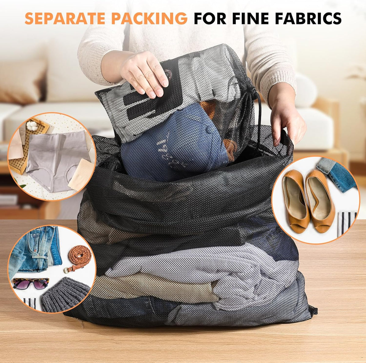 2 Pack Mesh Laundry Bags - Large & Small Heavy Duty Mesh Laundry Bag with Drawstring, Wash Bags for Travel, College, Dorms, Sports, Family, Black