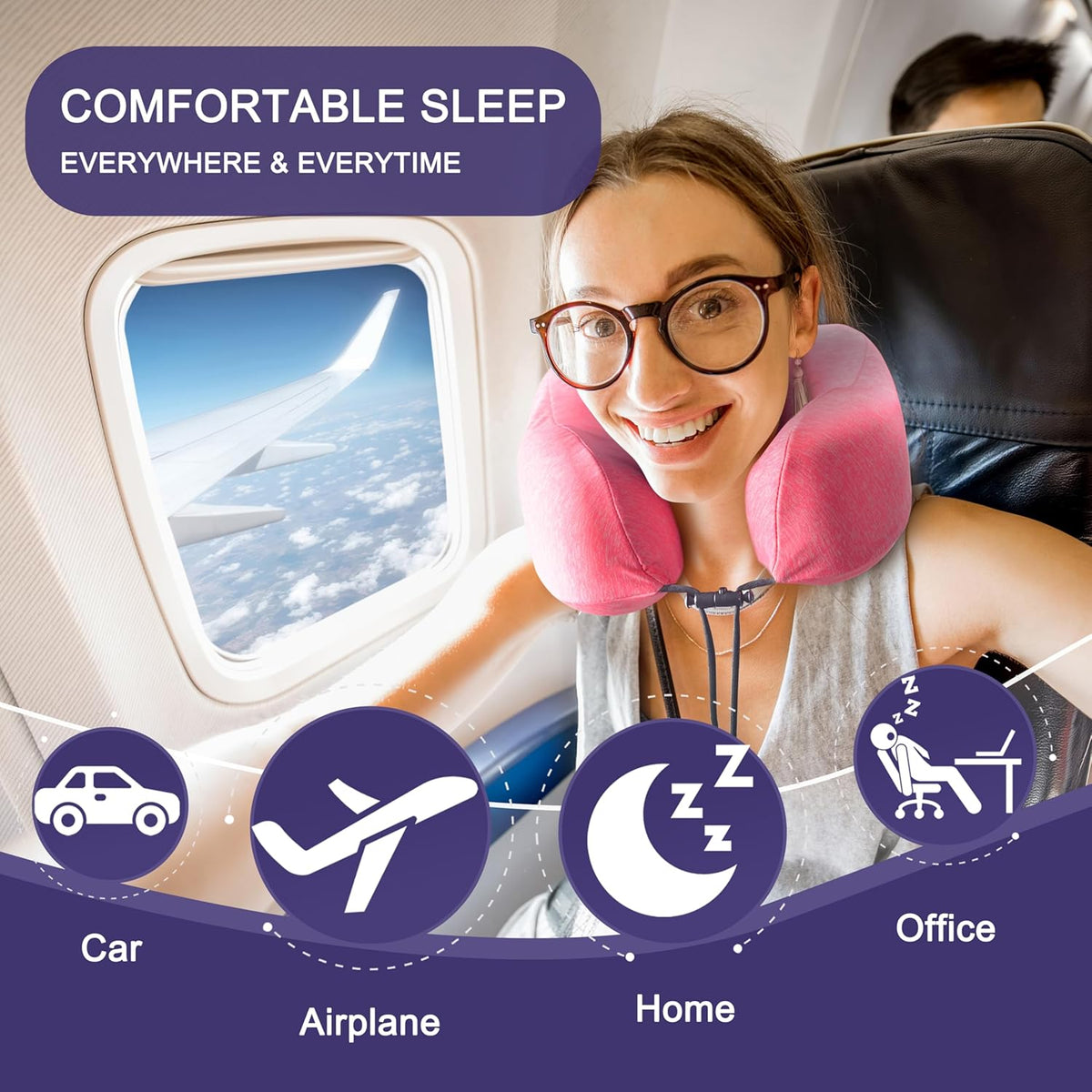 napfun Neck Pillow for Traveling, Upgraded Travel Neck Pillow for Airplane 100% Pure Memory Foam Travel Pillow for Flight Headrest Sleep, Portable Plane Accessories, Light Grey