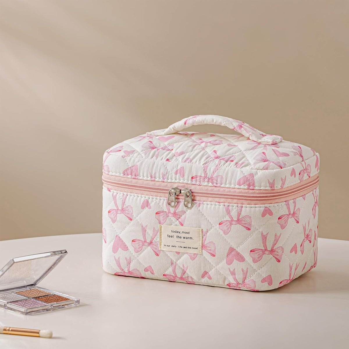 HBselect Quilted Makeup Bag, 3PCS Cotton Large Travel Makeup Bag, Cute Floral Coquette Make up Bag Cosmetic Bag Toiletry Bag for Women Girls - Colors A