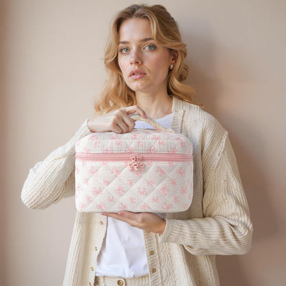 HBselect Quilted Makeup Bag, 3PCS Cotton Large Travel Makeup Bag, Cute Floral Coquette Make up Bag Cosmetic Bag Toiletry Bag for Women Girls - Colors A