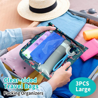 HIONXMGA TSA Approved Toiletry Bag, Set of 3 Clear Travel Toiletry Bag Quart Size Zipper Travel Pouch, Waterproof Makeup Cosmetic Bag for Women Men Kids Toiletries Carry on, Cacti A