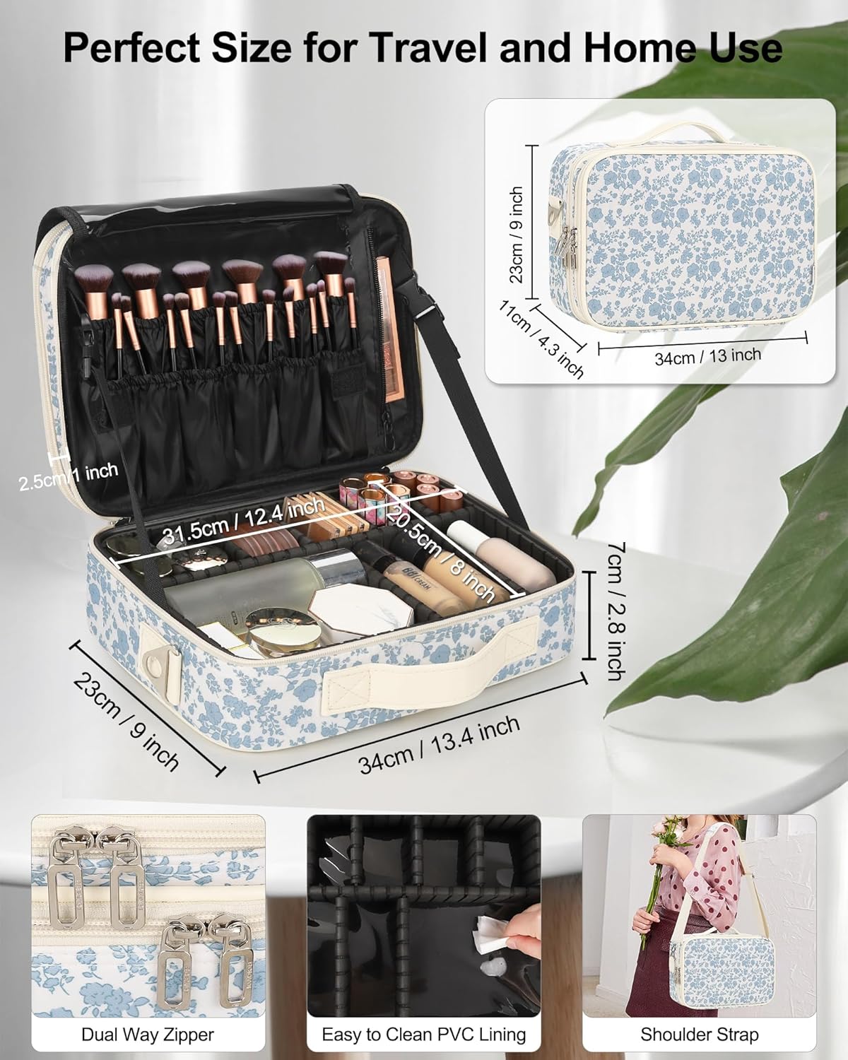 Relavel Travel Makeup Train Case Makeup Cosmetic Case Organizer Portable Artist Storage Bag with Adjustable Dividers for Cosmetics Makeup Brushes Toiletry Jewelry Digital Accessories Black
