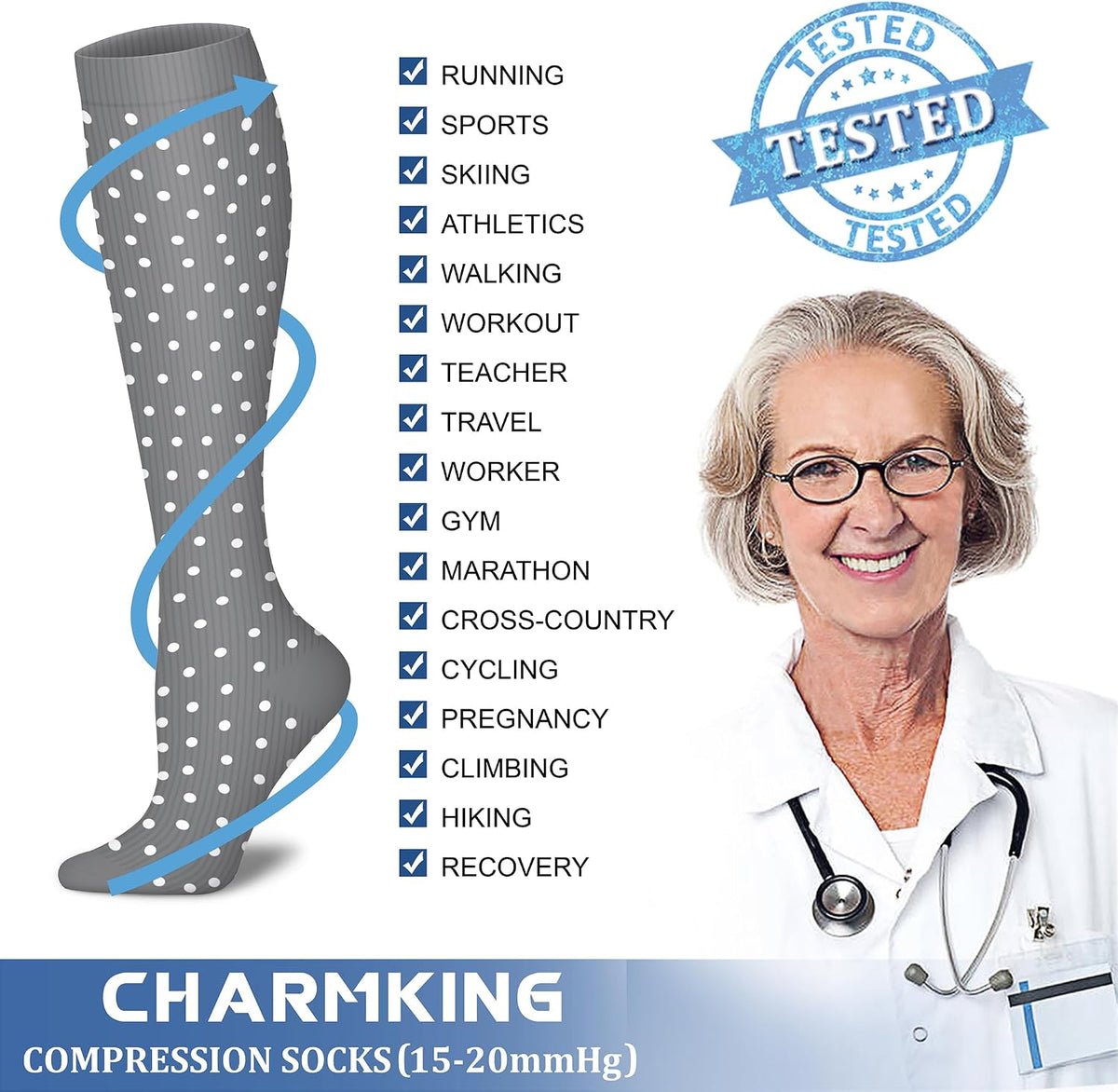 CHARMKING Compression Socks for Women & Men Circulation (8 Pairs) 15-20 mmHg Best Calf Socks Support for Athletic Cycling - Colors A