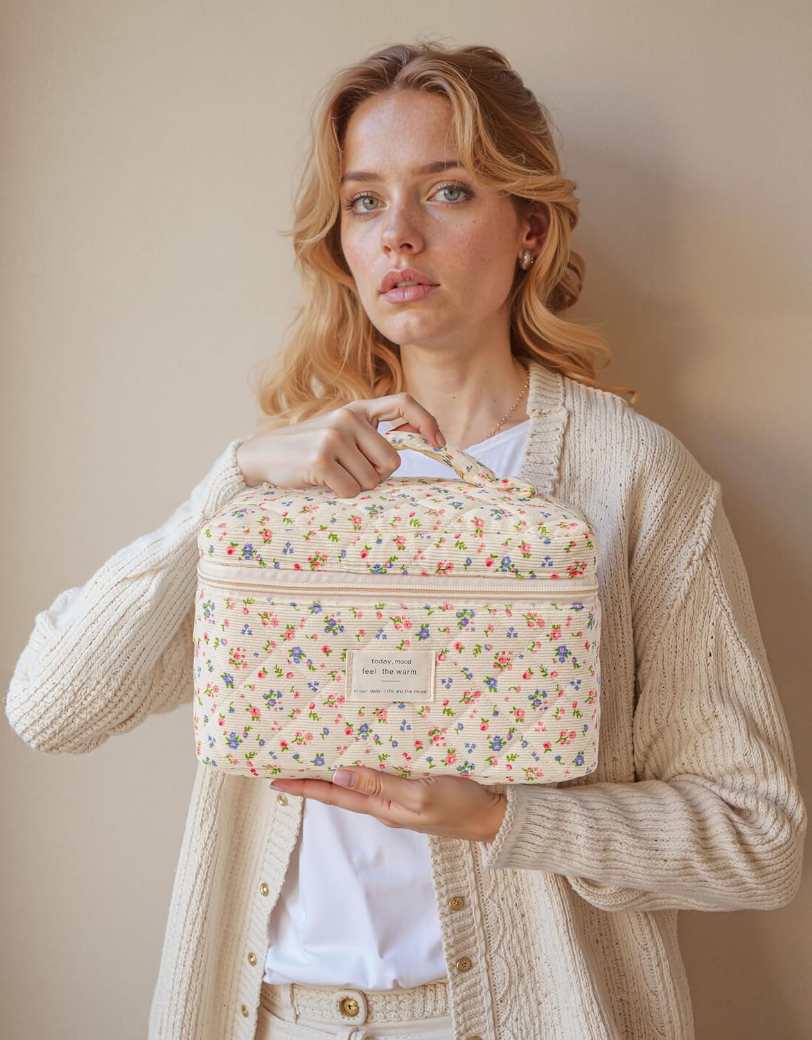 HBselect Quilted Makeup Bag, 3PCS Cotton Large Travel Makeup Bag, Cute Floral Coquette Make up Bag Cosmetic Bag Toiletry Bag for Women Girls - Colors B