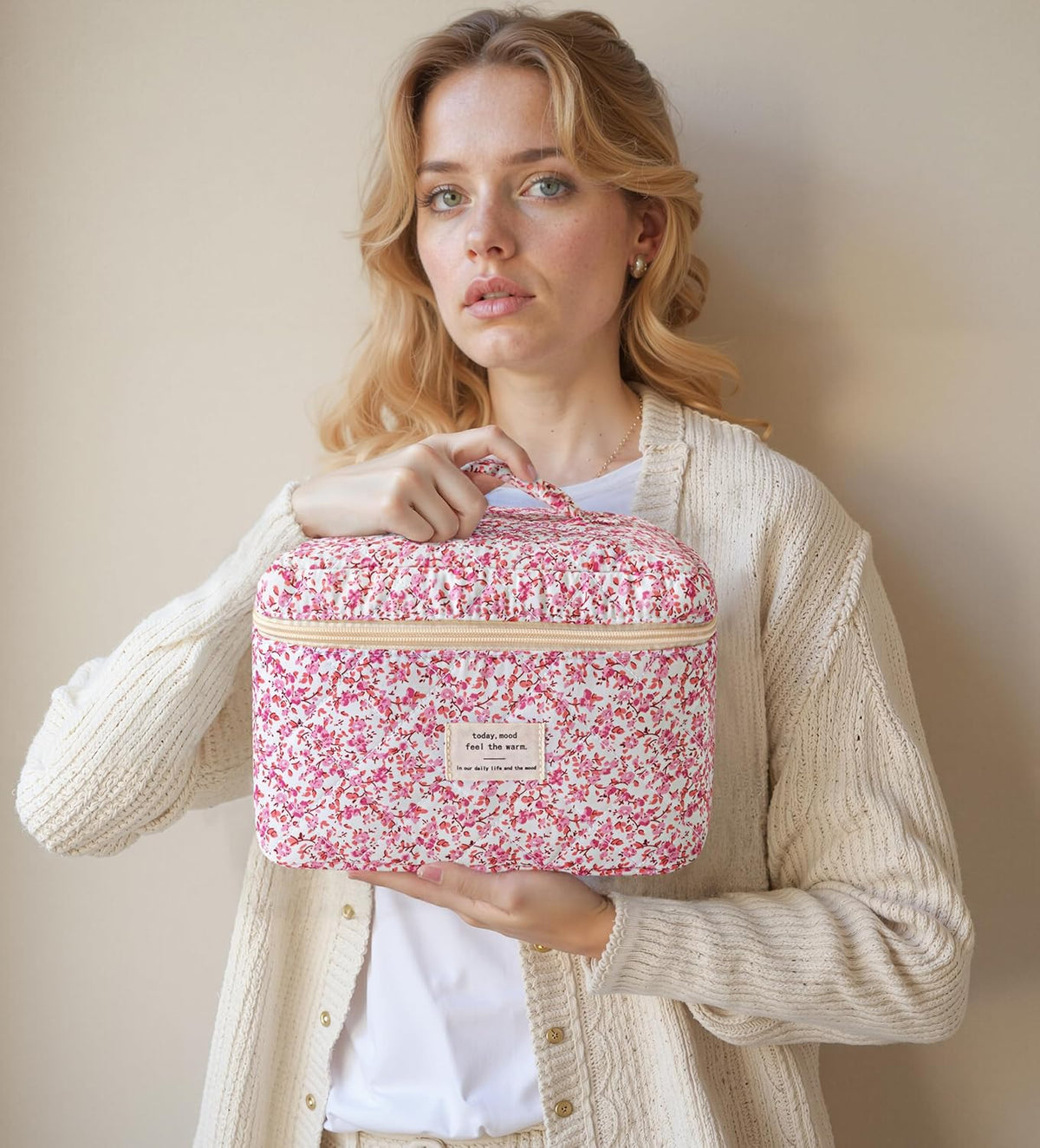 HBselect Quilted Makeup Bag, 3PCS Cotton Large Travel Makeup Bag, Cute Floral Coquette Make up Bag Cosmetic Bag Toiletry Bag for Women Girls - Colors A