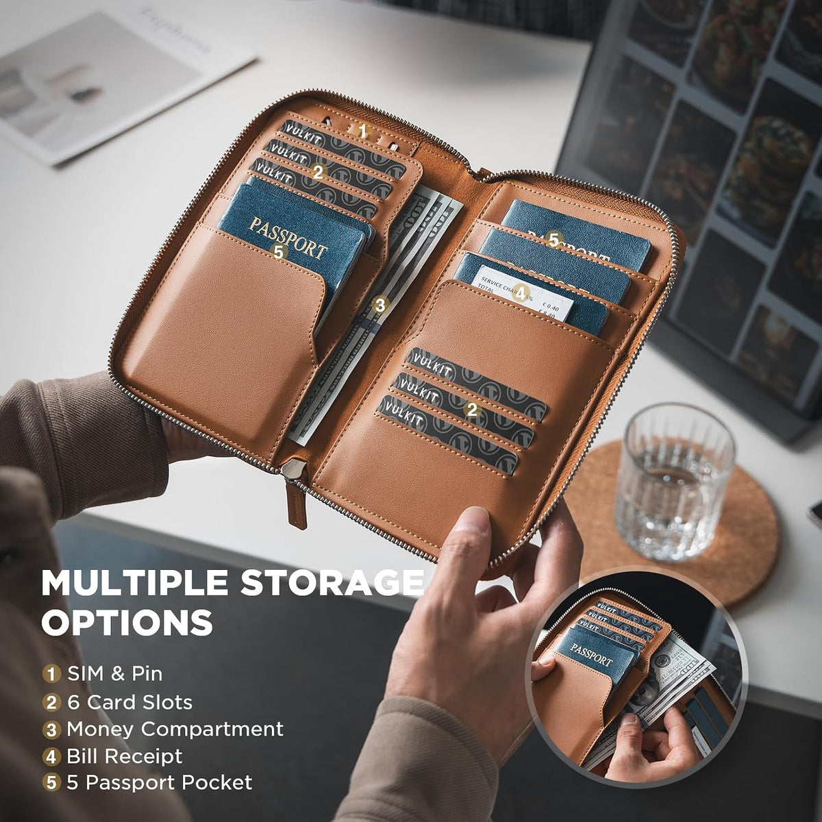 VULKIT Family Passport Holder for 4 Passports - RFID Blocking Travel Wallet Holds Up to 5, Organizer with 4 Slots for Cards & SIM, Secure Zipper Closure, Family Travel Essentials (Brown)