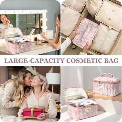 Gosect Large Makeup Bag, Cute Cosmetic Bag for Women Girls, Floral Coquette Aesthetic Toiletry Bag, Travel Make Up Organizer Bag (BDLH) - Colors A