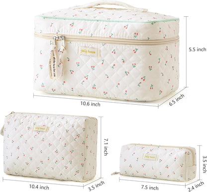 HBselect Quilted Makeup Bag, 3PCS Cotton Large Travel Makeup Bag, Cute Floral Coquette Make up Bag Cosmetic Bag Toiletry Bag for Women Girls - Colors A