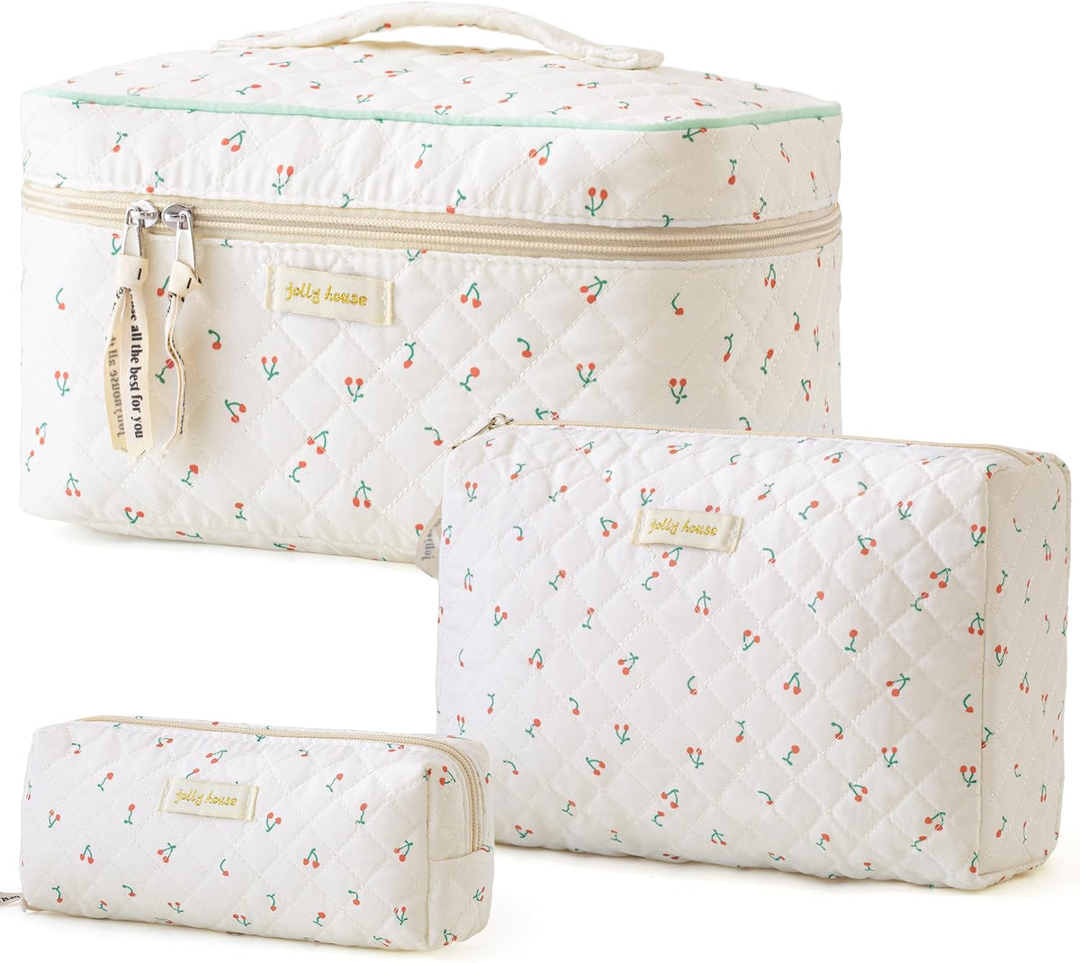HBselect Quilted Makeup Bag, 3PCS Cotton Large Travel Makeup Bag, Cute Floral Coquette Make up Bag Cosmetic Bag Toiletry Bag for Women Girls - Colors A