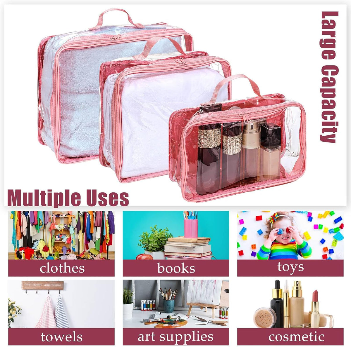 Hillban 6 Pcs Black Large Clear Travel Packing Cube 3 Sizes See Through PVC Organizer for Suitcase Multipurpose Pouch with Handle Vinyl Zippered Storage Bags Luggage Cube Organizer