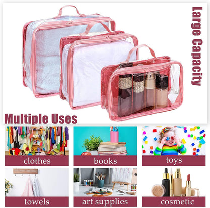 Hillban 6 Pcs Black Large Clear Travel Packing Cube 3 Sizes See Through PVC Organizer for Suitcase Multipurpose Pouch with Handle Vinyl Zippered Storage Bags Luggage Cube Organizer