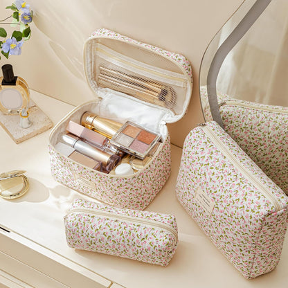 HBselect Quilted Makeup Bag, 3PCS Cotton Large Travel Makeup Bag, Cute Floral Coquette Make up Bag Cosmetic Bag Toiletry Bag for Women Girls - Colors B