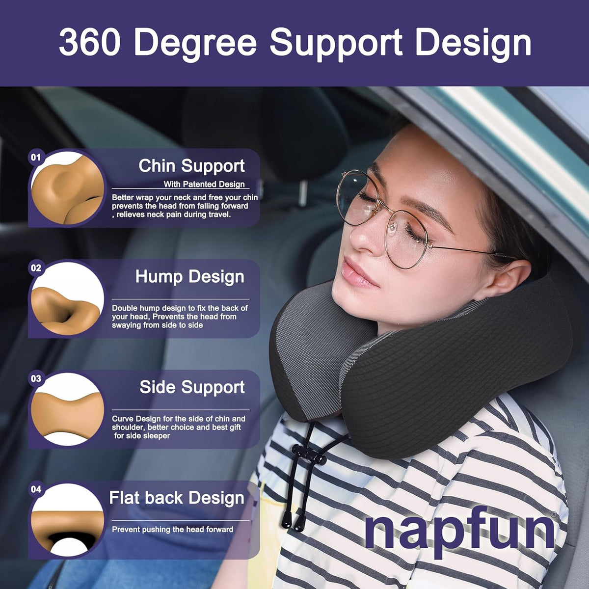 napfun Neck Pillow for Traveling, Upgraded Travel Neck Pillow for Airplane 100% Pure Memory Foam Travel Pillow for Flight Headrest Sleep, Portable Plane Accessories, Light Grey