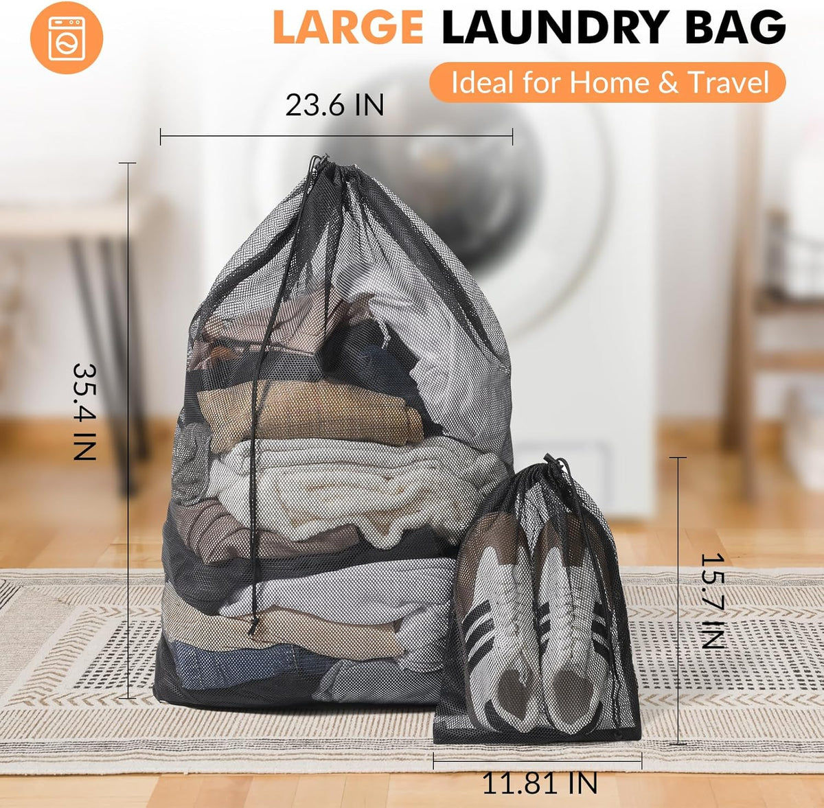 2 Pack Mesh Laundry Bags - Large & Small Heavy Duty Mesh Laundry Bag with Drawstring, Wash Bags for Travel, College, Dorms, Sports, Family, Black