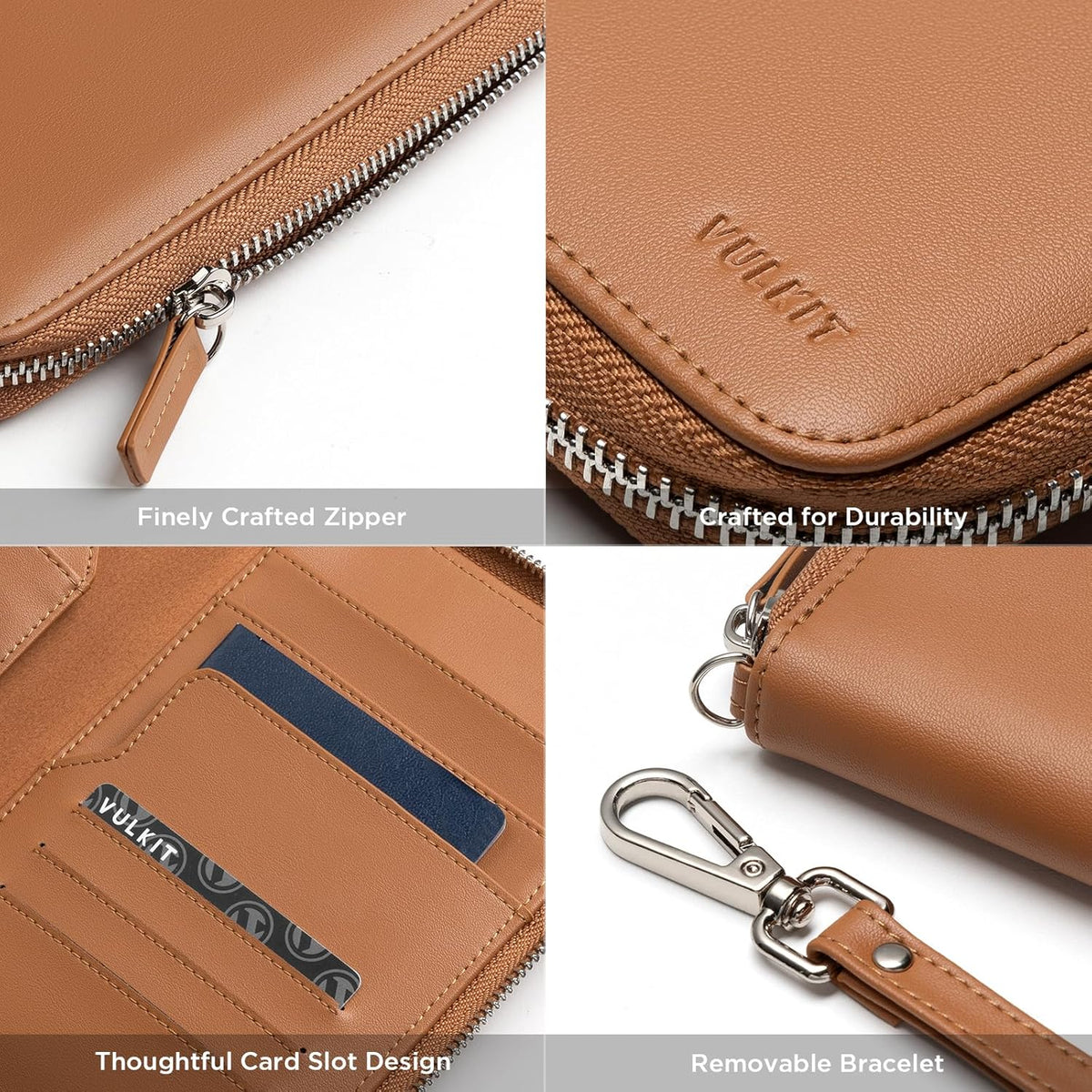 VULKIT Family Passport Holder for 4 Passports - RFID Blocking Travel Wallet Holds Up to 5, Organizer with 4 Slots for Cards & SIM, Secure Zipper Closure, Family Travel Essentials (Brown)