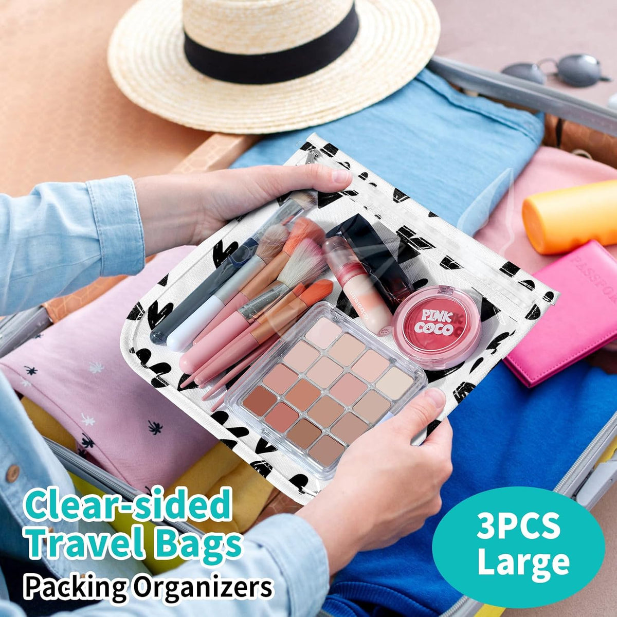 HIONXMGA TSA Approved Toiletry Bag, Set of 3 Clear Travel Toiletry Bag Quart Size Zipper Travel Pouch, Waterproof Makeup Cosmetic Bag for Women Men Kids Toiletries Carry on, Cacti A