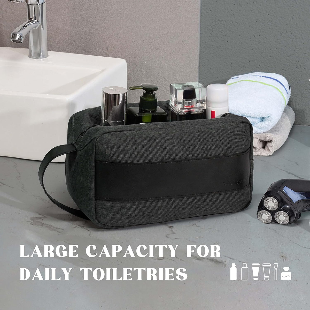 Vorspack Toiletry Bag for Men - Water Resistant Travel Bag for Toiletries, Accessories, Travel Essentials, Gifts - Black