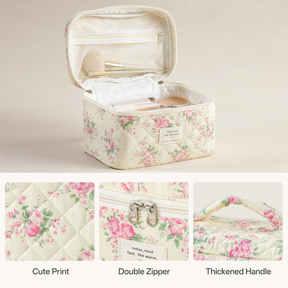 HBselect Quilted Makeup Bag, 3PCS Cotton Large Travel Makeup Bag, Cute Floral Coquette Make up Bag Cosmetic Bag Toiletry Bag for Women Girls - Colors B