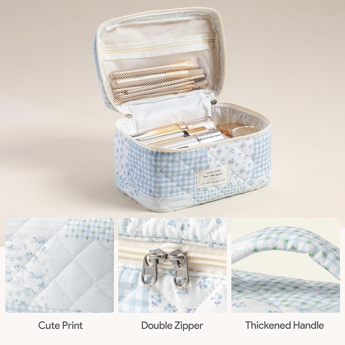HBselect Quilted Makeup Bag, 3PCS Cotton Large Travel Makeup Bag, Cute Floral Coquette Make up Bag Cosmetic Bag Toiletry Bag for Women Girls - Colors B