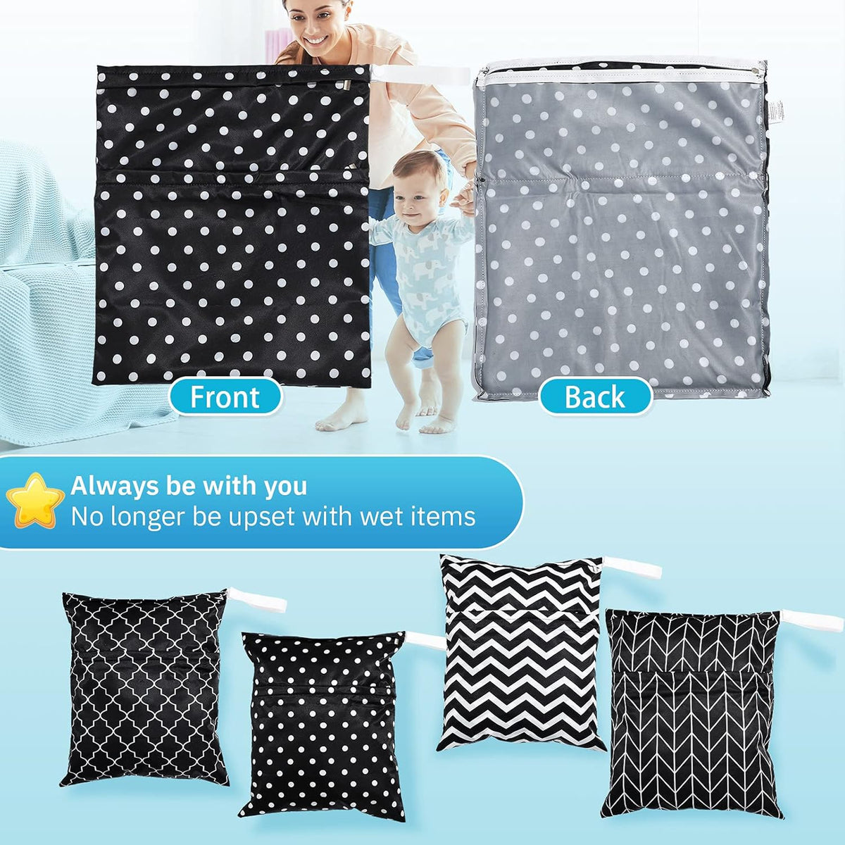 Frienda 4 Pack Wet Bags for Swimsuits, Waterproof Reusable Travel Wet Dry Bags with Zippered Pockets for Beach Pool Swimwear, Towels, Gym, Cloth Diapers, Summer Vacation Essentials(Nautical Style)