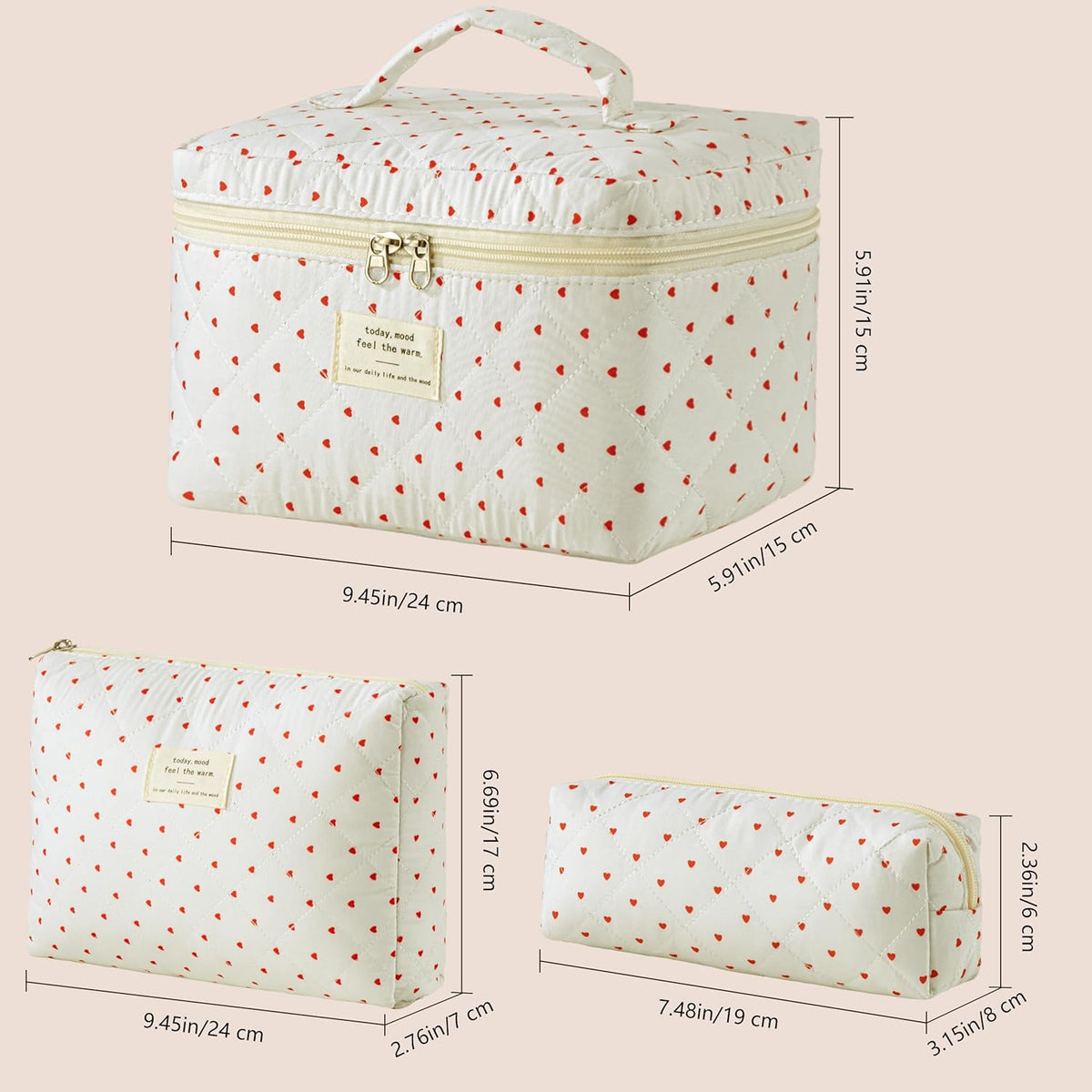 HBselect Quilted Makeup Bag, 3PCS Cotton Large Travel Makeup Bag, Cute Floral Coquette Make up Bag Cosmetic Bag Toiletry Bag for Women Girls - Colors A