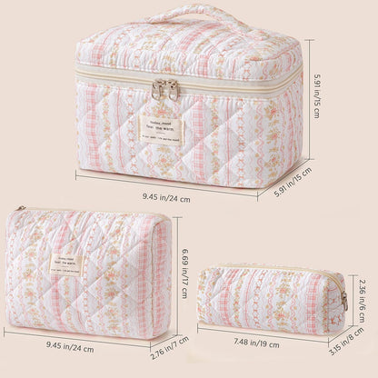 HBselect Quilted Makeup Bag, 3PCS Cotton Large Travel Makeup Bag, Cute Floral Coquette Make up Bag Cosmetic Bag Toiletry Bag for Women Girls - Colors B