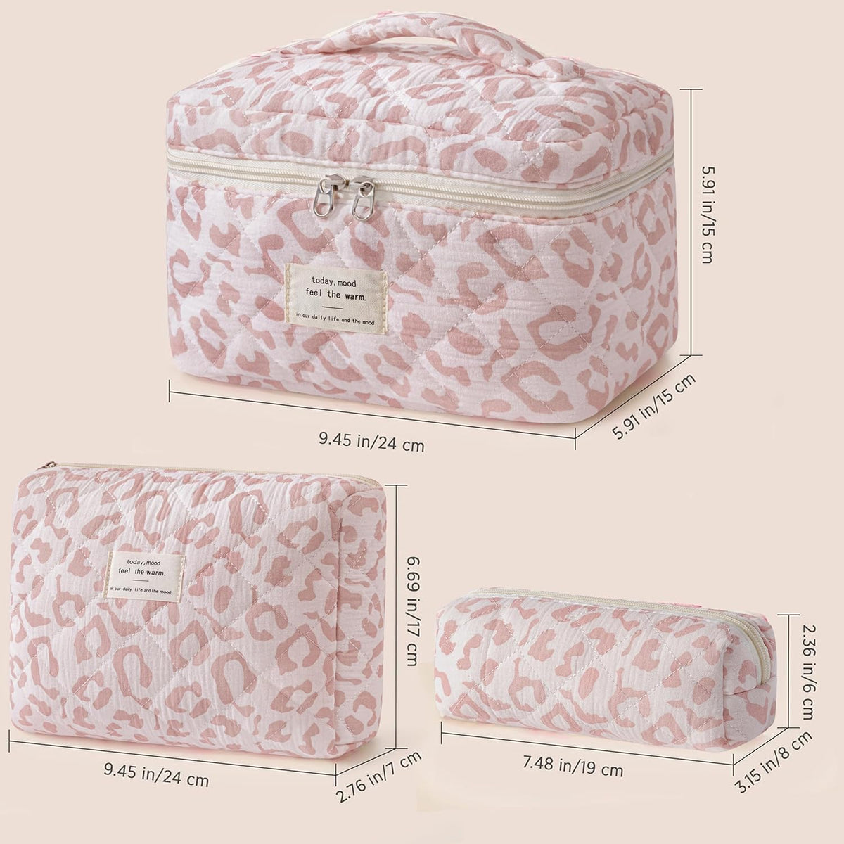HBselect Quilted Makeup Bag, 3PCS Cotton Large Travel Makeup Bag, Cute Floral Coquette Make up Bag Cosmetic Bag Toiletry Bag for Women Girls - Colors A