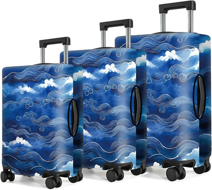 All Over Daisy Print Luggage Cover – Blue Suitcase Protector with White Floral Pattern, Washable Stretch Travel Case for 32-34 Inch Luggage,XL