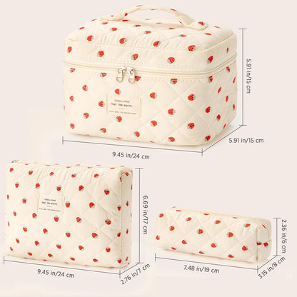 HBselect Quilted Makeup Bag, 3PCS Cotton Large Travel Makeup Bag, Cute Floral Coquette Make up Bag Cosmetic Bag Toiletry Bag for Women Girls - Colors B
