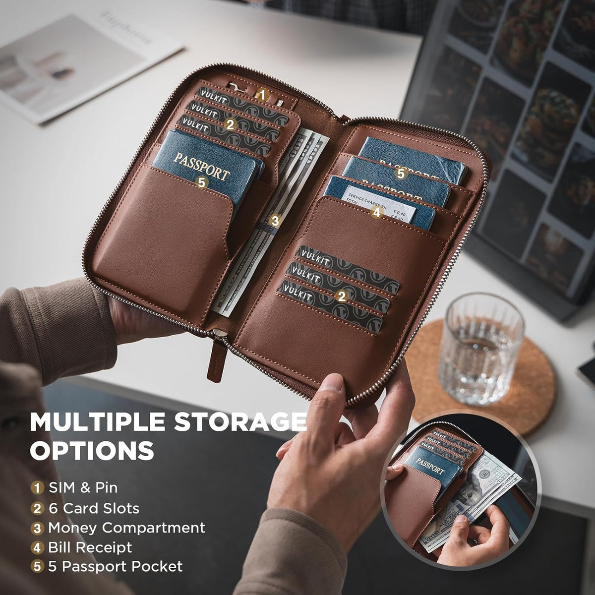 VULKIT Family Passport Holder for 4 Passports - RFID Blocking Travel Wallet Holds Up to 5, Organizer with 4 Slots for Cards & SIM, Secure Zipper Closure, Family Travel Essentials (Brown)
