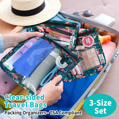 HIONXMGA TSA Approved Toiletry Bag, Set of 3 Clear Travel Toiletry Bag Quart Size Zipper Travel Pouch, Waterproof Makeup Cosmetic Bag for Women Men Kids Toiletries Carry on, Cacti A