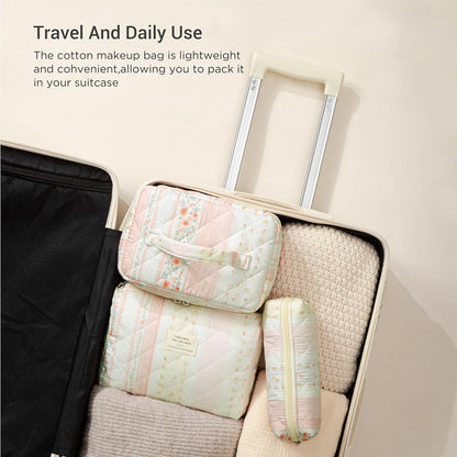 HBselect Quilted Makeup Bag, 3PCS Cotton Large Travel Makeup Bag, Cute Floral Coquette Make up Bag Cosmetic Bag Toiletry Bag for Women Girls - Colors A