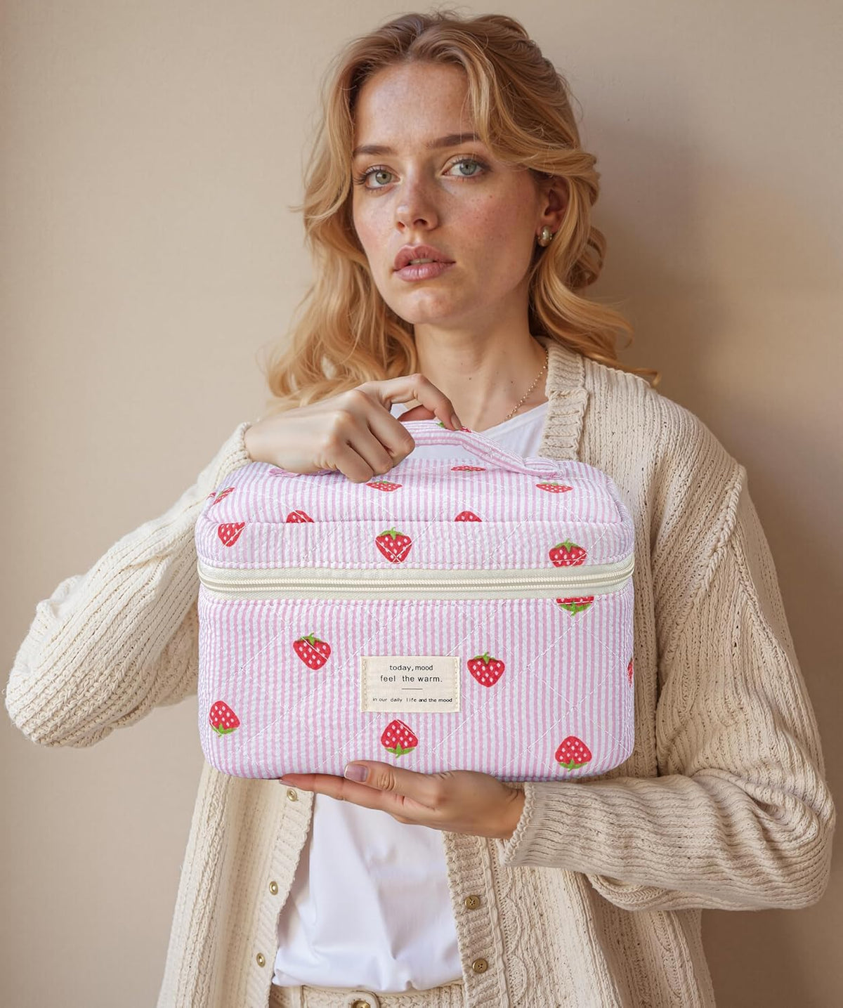 HBselect Quilted Makeup Bag, 3PCS Cotton Large Travel Makeup Bag, Cute Floral Coquette Make up Bag Cosmetic Bag Toiletry Bag for Women Girls - Colors B