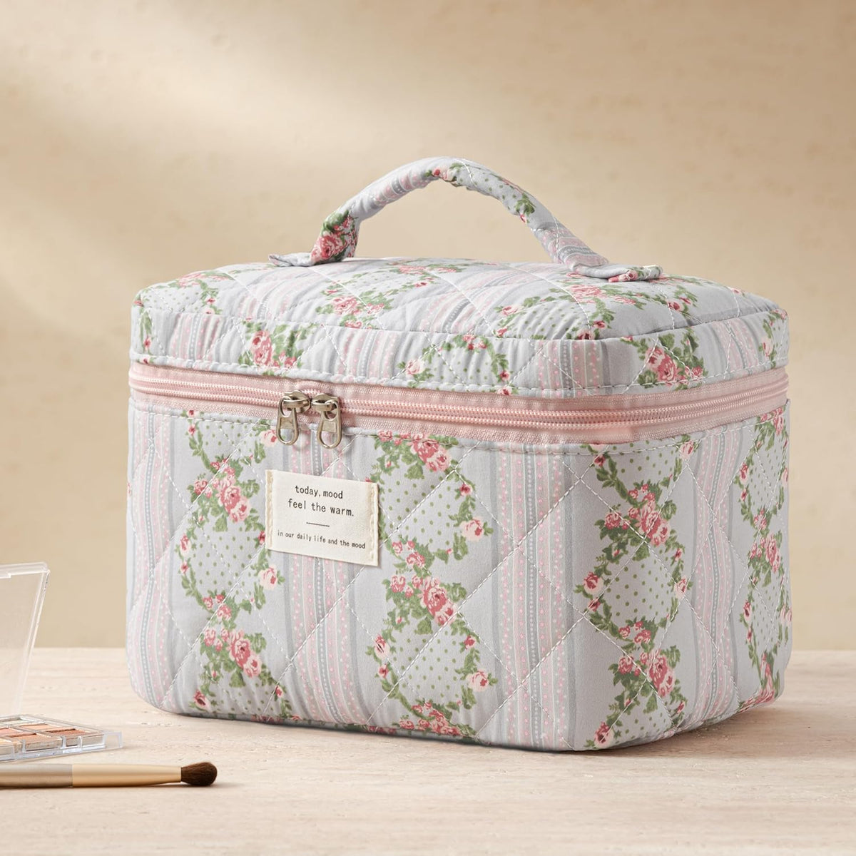 HBselect Quilted Makeup Bag, 3PCS Cotton Large Travel Makeup Bag, Cute Floral Coquette Make up Bag Cosmetic Bag Toiletry Bag for Women Girls - Colors B