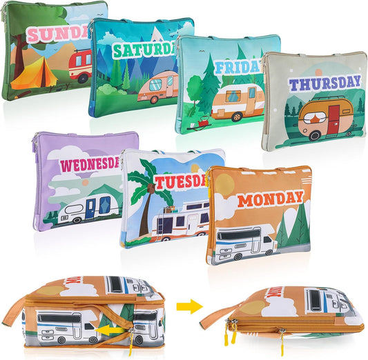 Paterr 7 Pcs Days of Week Packing Cubes Compression Packing Cubes for Kids Summer Camp Travel Daily Outfit Suitcase Organizers Zippered Storage Bag for Cruise Vacation Essentials(Multicolor)