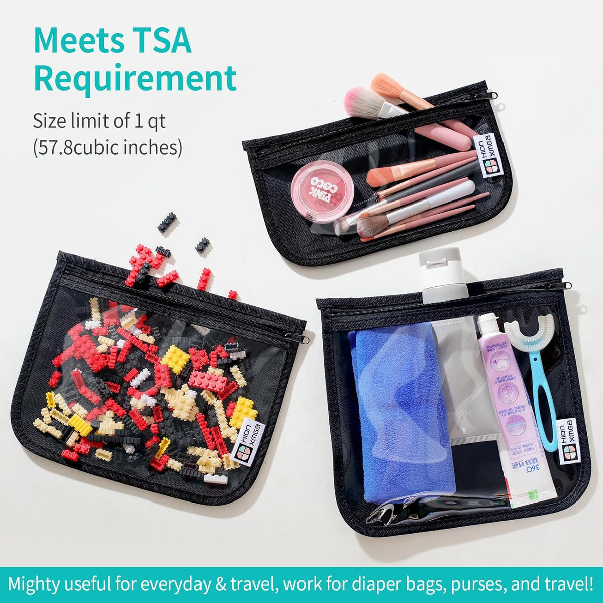 HIONXMGA TSA Approved Toiletry Bag, Set of 3 Clear Travel Toiletry Bag Quart Size Zipper Travel Pouch, Waterproof Makeup Cosmetic Bag for Women Men Kids Toiletries Carry on, Cacti A