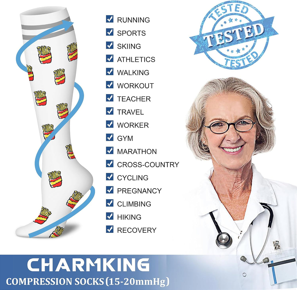 CHARMKING Compression Socks for Women & Men Circulation (8 Pairs) 15-20 mmHg Best Calf Socks Support for Athletic Cycling - Colors A