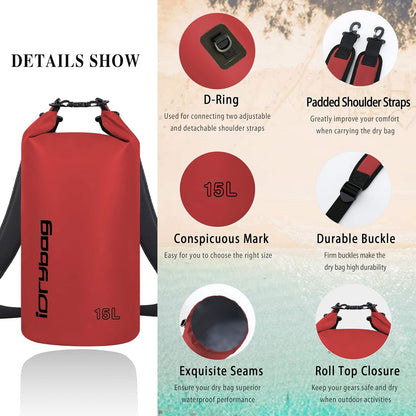 IDRYBAG Dry Bag for Kayaking Waterproof 2L/5L/10L/15L/20L, Small Dry Sack Waterproof Bag for Boating