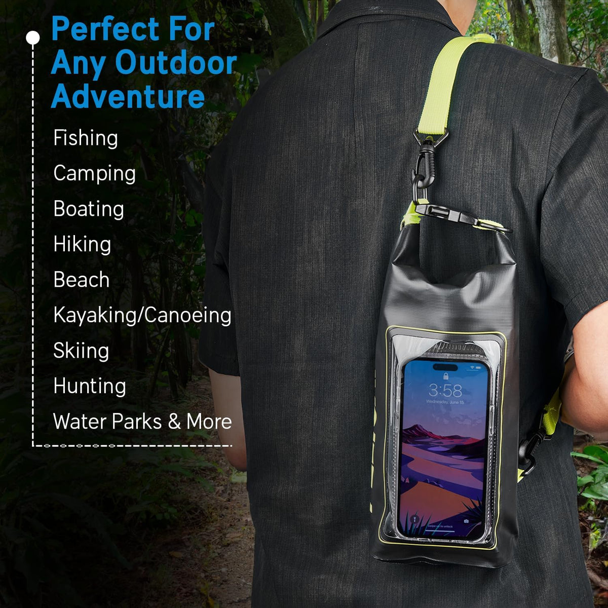 Pelican Marine IP68 Waterproof Dry Bag 2L - Roll Top Waterproof Backpack w/Phone Case/Pouch - Boating & Kayak Accessories - Essentials for Camping Swimming Beach Fishing Rafting Travel - Black/Yellow