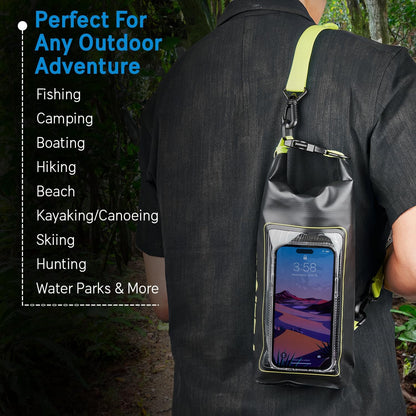 Pelican Marine IP68 Waterproof Dry Bag 2L - Roll Top Waterproof Backpack w/Phone Case/Pouch - Boating & Kayak Accessories - Essentials for Camping Swimming Beach Fishing Rafting Travel - Black/Yellow