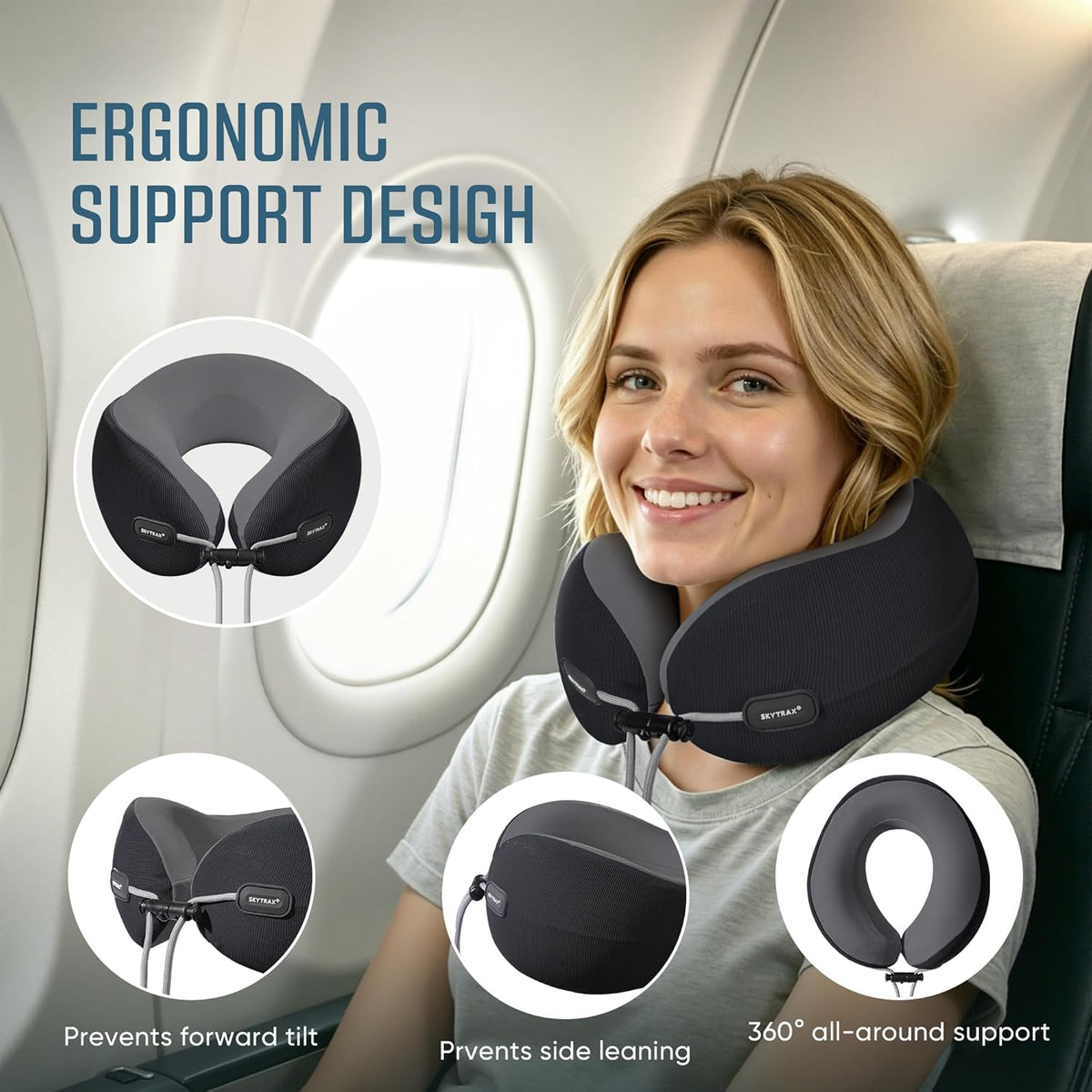SKYTRAX COMF® Premium Ergonomic Memory Foam Travel Neck Pillow, Washable Cooling Ice Silk Cover, Firm Neck Support for Airplane Long Flights & Pain Relief, with Portable Carry Case (Grey)
