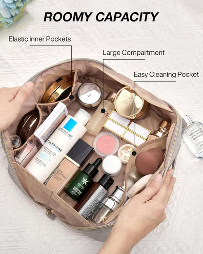 BAGSMART Travel Makeup Bag for Women, Portable Water-resistant Cosmetic Case, Puffy Padded Make Up Organizer Pouch, Open Flat Toiletry Bag for Toiletries, Brushes, Black