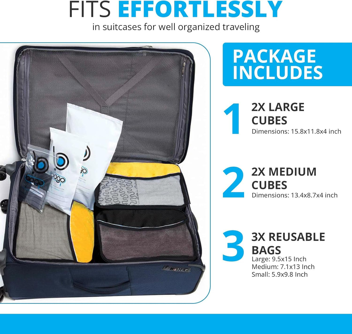 bago 7 Pcs Packing Cubes for Travel - 4 Travel Packing Cubes for Suitcases with 3 ZipLock Bags - Luggage Organizer Bags to Get Maximum Storage, Save Time & Effort to Pack (Green Red PurpleYellow)