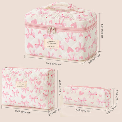 HBselect Quilted Makeup Bag, 3PCS Cotton Large Travel Makeup Bag, Cute Floral Coquette Make up Bag Cosmetic Bag Toiletry Bag for Women Girls - Colors A