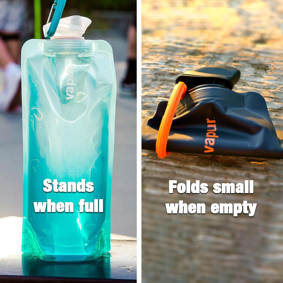 Vapur Collapsible Water Bottle With Carabiner, Compact Bottle Folds Flat For Hydration On The Go, Ideal for Traveling, Hiking or Camping, 34 Ounce, Water, Pack of 2